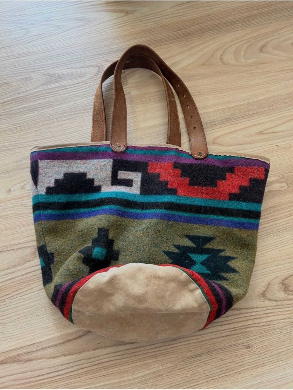 Leather-Handled Multicolor Aztec Tote Bag - Brown Straps